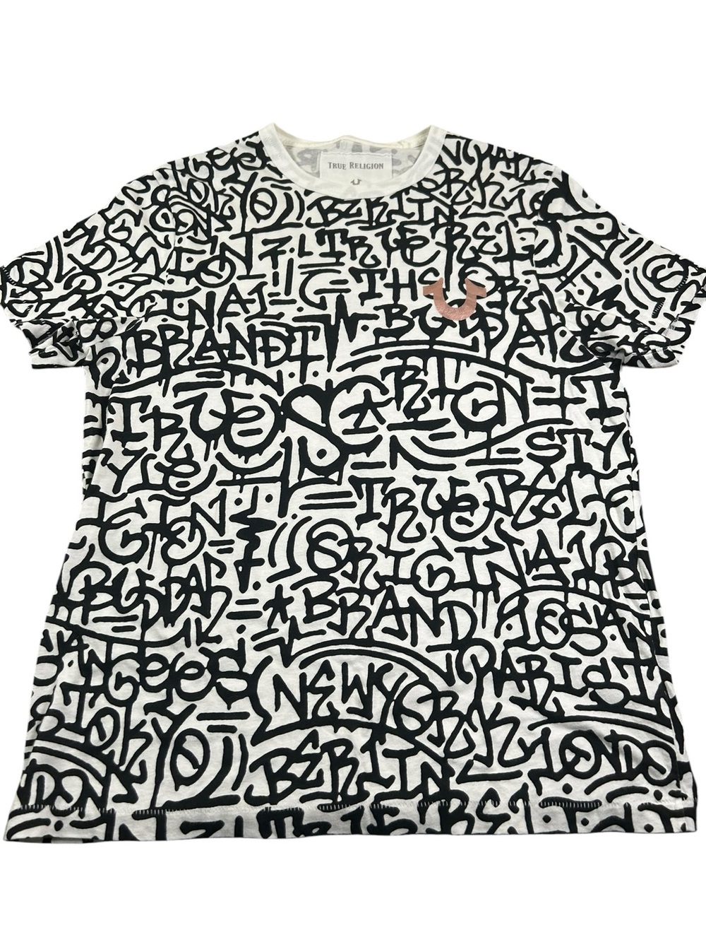 TRUE RELIGION Graffiti Print Graphic T Shirt White Black Metallic Horseshoe M